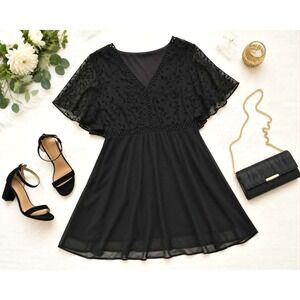 SHEIN Curve 2XL Black Flocked Leaf Chiffon Dress Flutter Sleeve V-Neck Plus Size